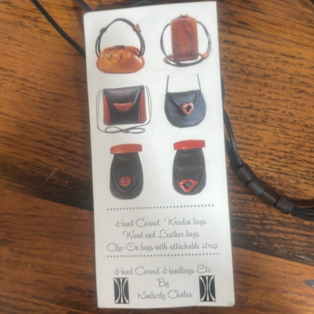 Padhuk Wood & Black Leather Kimberly Chalos Hand Carved Lip Clip Waist Purse - Picture 4 of 7